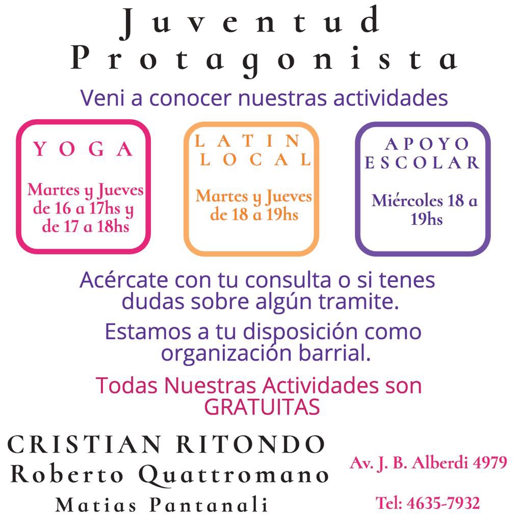 MatiPantanali's tweet photo. Junto con la @JProtagonista9, los queremos invitar a acercarse al local y conocer nuestras actividades. Estamos a disposición y los estamos esperando! #JuventudProtagonista #ActividadesGratuitas #Yoga #LatinLocal #ApoyoEscolar @cristianritondo @rquattromano https://t.co/qX4n8Shc5j
