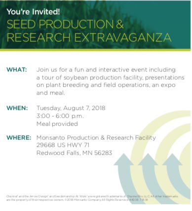 ChannelMinn's tweet photo. Come join us Tues. Aug 7th for our Seed Production and Research Event in Redwood Falls; See details below! https://t.co/EDTJAI4XW5