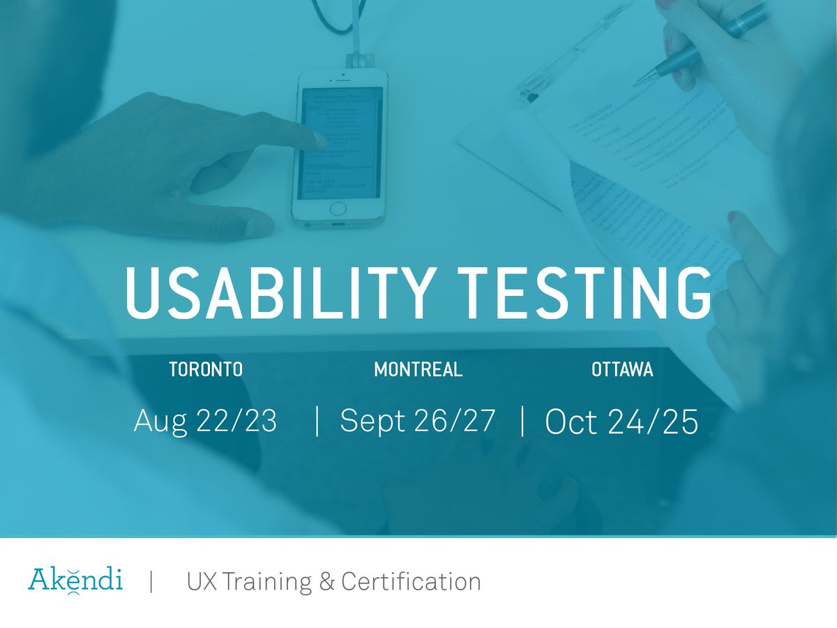 akendi's tweet photo. Usability testing is an essential part of the #UXdesign process. Find out what it's about and how to run a proper test session at our 2-day Usability Testing course: https://t.co/r7ArujlDOX #usabilitytesting #usertesting #uxcourse #uxmtl #uxto #torontoux #uxmontreal #uxottawa https://t.co/GzdpmIhopo