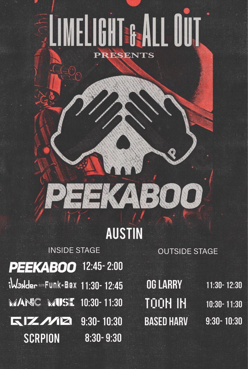 Tonight at the Peekaboo ATX show,

Our own @iWonderMxF will be going b2b with our homie @FunkBoxBeatz!

We will see you there tonight! <3

🎫: bit.ly/PeekabooATX
🎫: bit.ly/PeekabooATX
🎫: bit.ly/PeekabooATX