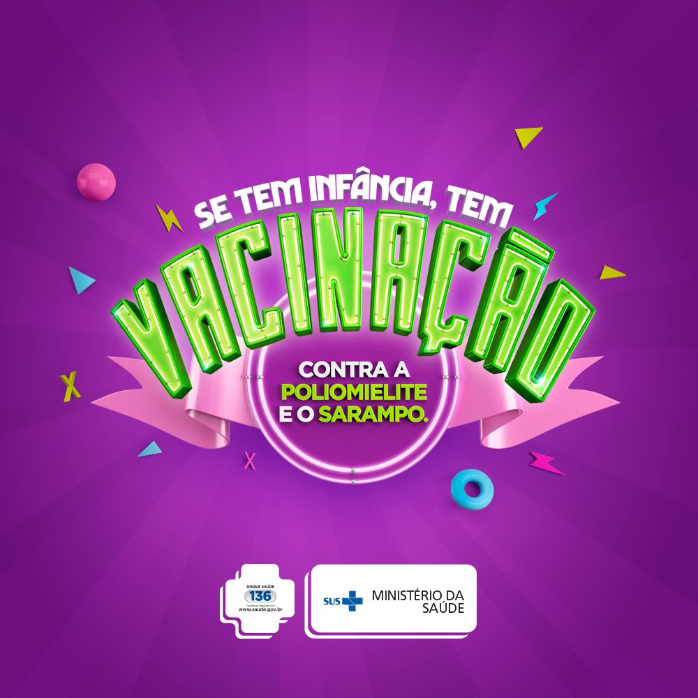 O período de vacinação contra a poliomielite e o sarampo vai de 6 a 31 de agosto. Leve as crianças de 1 a menores de 5 anos de idade para tomarem as vacinas. Não se esqueça de levar a caderneta. Saiba mais em saude.gov.br/vacinareproteg… #VacinarÉProteger