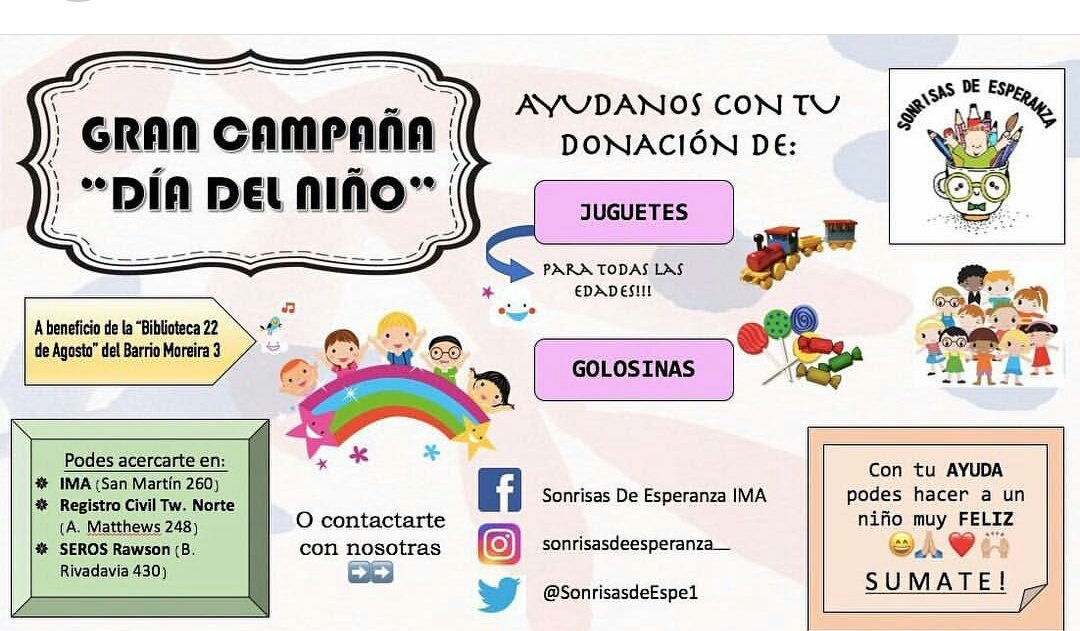 barciaml's tweet photo. #CarteleraSolidaria #Trelew #Campañas #DíaDelNiño 
📝 @SonrisasdeEspe1 Golosinas y juguetes
📝 @PasoAPaso16 #Colecta #Juguetes p el chicos del Hogar 
📝 Biblioteca 22 de Agosto recauda  elementos p festejar 
📝 @UnaManoMas2 lanza sorteo desayuno a beneficio del Materno @adatasur https://t.co/7VHaYo2lP9