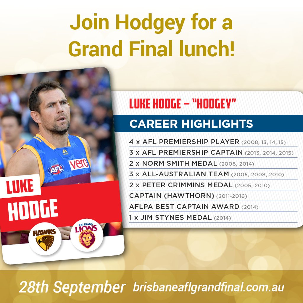 Join Hodgey for the Brisbane AFL Grand Final Luncheon on Sept 28th (at Brisbane City Hall).
brisbaneaflgrandfinal.com.au

#afl #aflq  #aflqld #aflgrandfinal #aflgf #aflgrandfinal2018 #aflgf2018 #afllegend #brisbanecityhall #footy #lukehodge #brisbanelions #hawthornfc