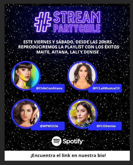 Juntamos a estas talentosas y jugadas mujeres en una misma playlist 🔥🎶 @laliespos 🇦🇷@Aitana_ot2017 🇪🇸 <a href="/MaiteOficial/">Maite Perroni Fan Account</a> 🇲🇽 <a href="/NissRosenthal/">Denise Rosenthal</a> 🇨🇱 🔥
¡Entra al link y pone play!
Masiva a las 20:00 hrs (CL) 
open.spotify.com/user/2fp0hi9gm…