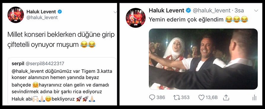 Bu twitlerin altına övgüler dizmişsiniz ama bunun 'iyi bir insan' olmakla bir alakası yok..
Deli olmak ve çılgın yaşamak ile alakası var..
Nerde bir düğün bir eğlence görsem tanımasam da dalarım . Bilen bilir beni..😂😂😂😂