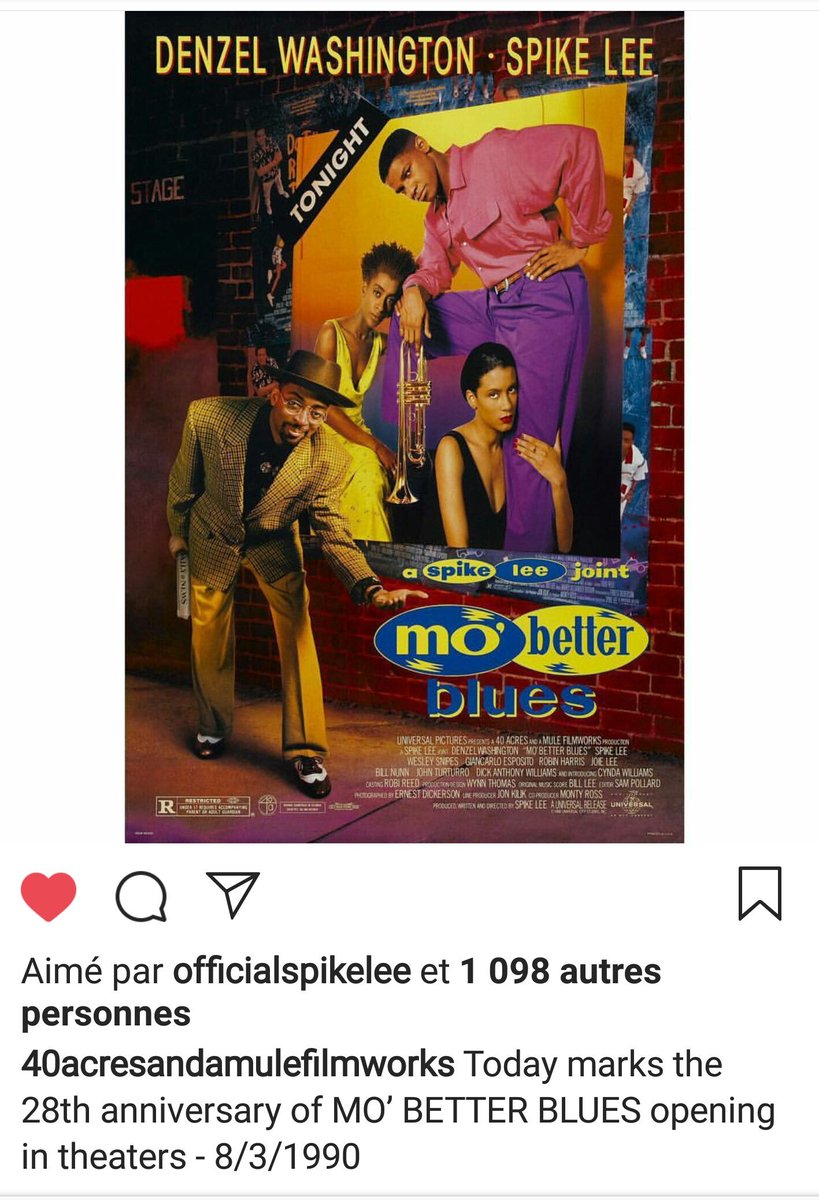 Il y a 28 ans sortait ce magnifique film de #SpikeLee ! Je l'ai vu en septembre 1990 au cinéma #DuParc de #Montréal. .. un film aux couleurs et sonorités inoubliables malgré le temps qui passe !  #MoBetter #Denzel #CyndaWilliams 😍