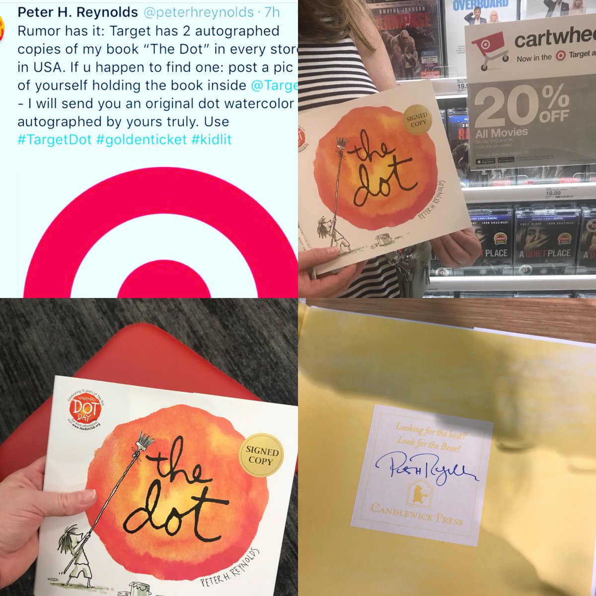 fromtheartroom's tweet photo. Found the #goldenticket @Target .  Thanks @peterhreynolds . I am very excited to add a signed copy to my classroom art book library, and even more excited for an original watercolor!  #kidlit #TargetDot #iloveascavengerhunt #hopetherumoristrue #iboughtthebook https://t.co/XYBaTN7Ro9