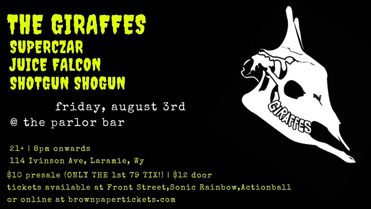 ParlorBar307's tweet photo. Live Friday’s presents @thegiraffes tonight with special guests #superczar #juicefalcon @Shotgun_Shogun doors open around 8pm! #livemusic #buckhornbar #parlorbar #downtownlaramie https://t.co/9RUunfOuGj