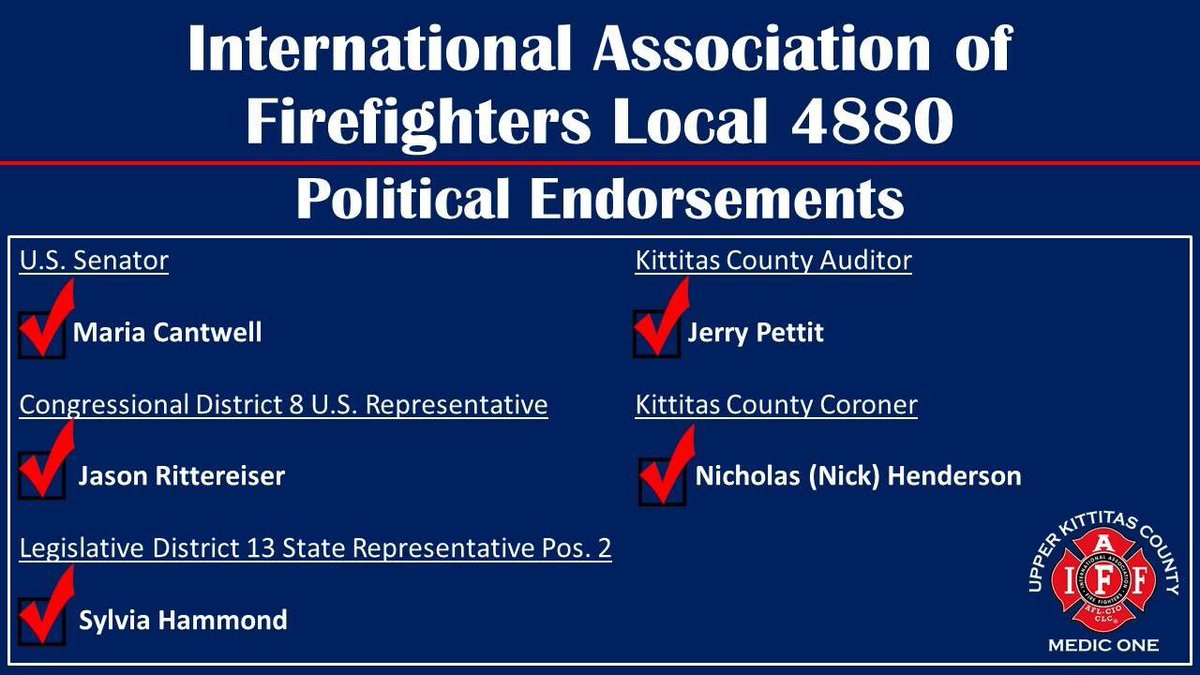 Iaff4880's tweet photo. Just a quick reminder of the August 2018 Primary candidates that are endorsed by Upper Kittitas County Medic One, IAFF Local 4880. Get those ballots dropped off at official ballot locations or mailed in with the prepaid postage envelope! https://t.co/ZkekWlBuVK