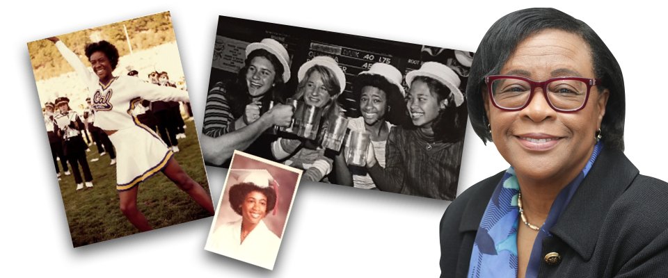 Photo collage of Cynthia Marshall in Cal cheerleading outfit, graduation cap and gown, smiling with four friends with mugs, and a current portrait with broad smile.