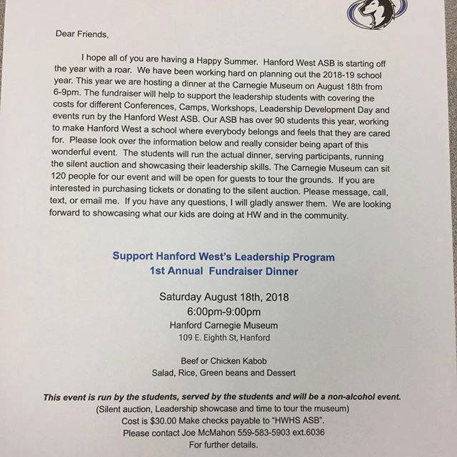 HanfordWestHigh's tweet photo. 1st annual fundraiser dinner! Please share and help support your Hanford West Huskies ASB class! Hope to see you there! https://t.co/mqTTcTRr7A