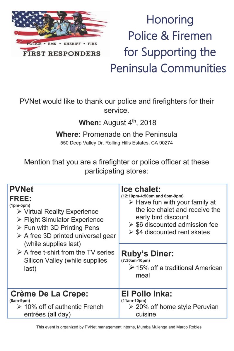 PVNetEDU's tweet photo. Weβd like to thank our #police & #firefighters for their hard work & #dedication to the #safety of the #community. ππ©π»ββοΈπ¨π»ββοΈπ©π»βππ¨π»βπ
When: August 4th, 2018
Where: @promenadepeninsula
#pvnet #nonprofit @CremedelaCrepe @ElPolloInkaRHE @promenadeicechalet @rubyspv https://t.co/LUxtLHERXY