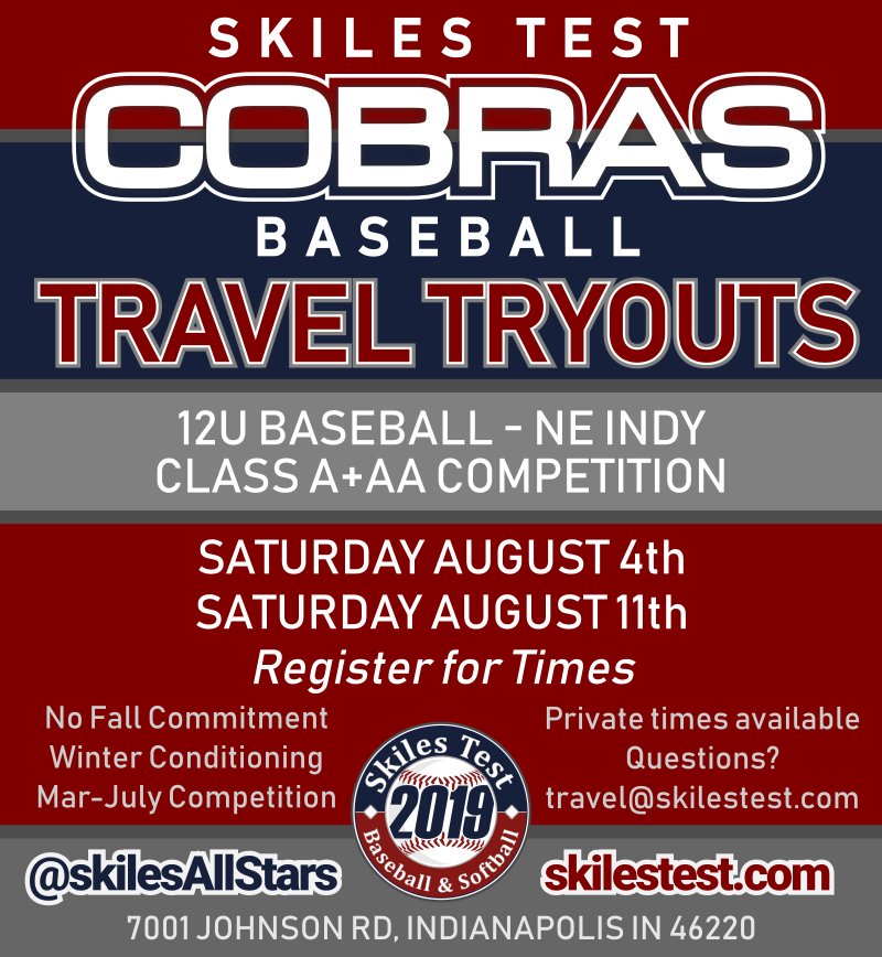 Travel Baseball tryout tomorrow morning Saturday August 4th 10:00am.   A couple spots available for 12U players in 2019.  skilestest.com/Site/News/Id/3…
<a href="/inbsblnet/">IN Travel Baseball</a> <a href="/IN_Ballplayers/">Indiana Baseball Network</a>