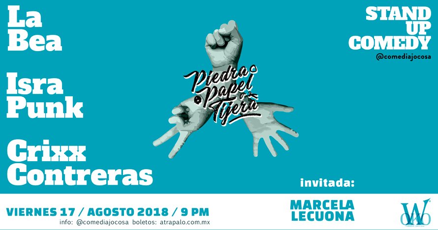 WokoComedyClub's tweet photo. La Bea, Crixx Contreras e Isra Punk presentan Piedra, Papel o Tijera. @marcelecuona boletos: https://t.co/YYbm3oiUcX #standupcomedy #comedyclub #comedia #palabra #taberna #bar #condesa #cdmx @elcrixxtian @labeastandup @IsraPunkComedy @comediajocosa @AtrapaloMexico https://t.co/2wt4pGjwoI