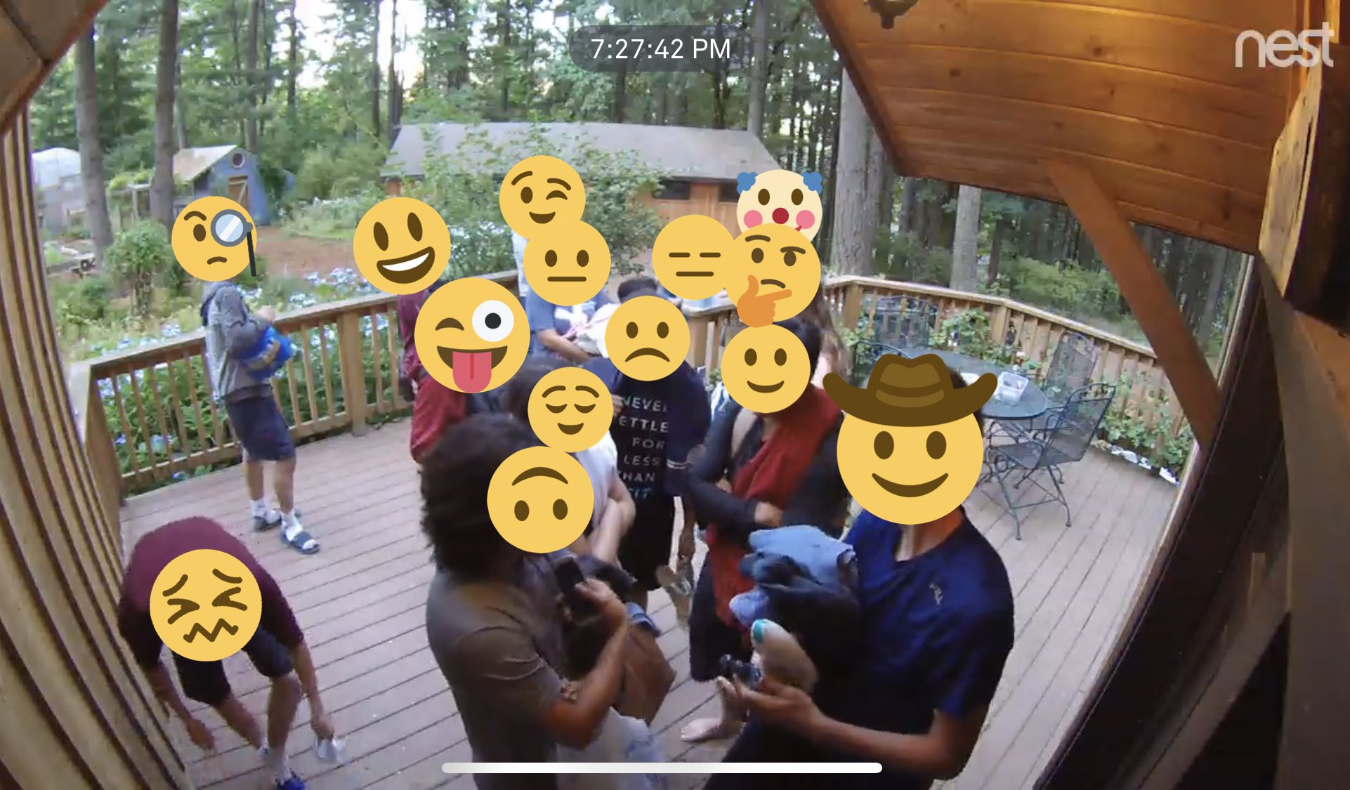 A photo of half the group standing at the door. I covered there faces with various emojis