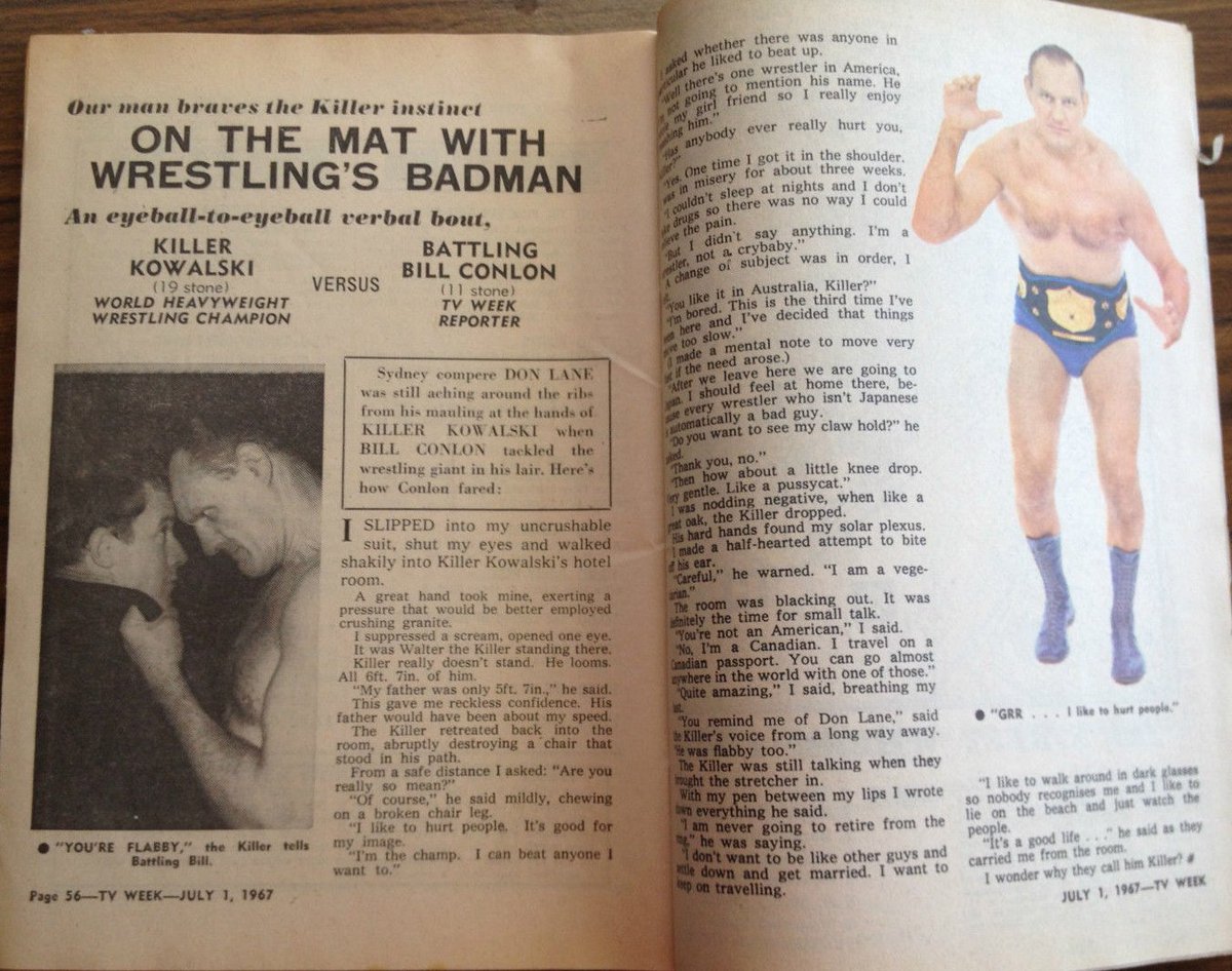 aussiewrestler1's tweet photo. Nostalgia - that time Killer Kowalski beat up Don Lane... and Australian TV guides (TV Week - July 1, 1967) looked more like Apter wrestling magazines
#History #Nostalgia #DonLane #TVWeek #Wrestling #AustralianWrestling #WorldChampionshipWrestling #Wrestler #ProWrestler https://t.co/8FtY7xwqZl