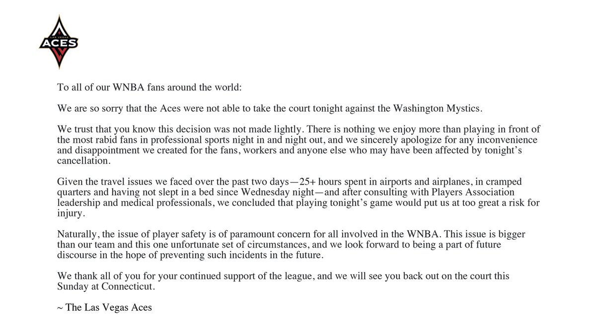 LVAces's tweet photo. Full statement on tonight's canceled game in Washington. 👇 https://t.co/SBCypeCav8