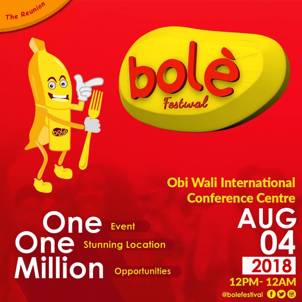Come have the #BoleExperience
At Obiwali International Conference Center  Port Harcourt 
.
.
#bolefestival18  #ObiwaliConferenceCentre #EatPlayConnect #Streetfood #PortHacourtEvents #bolefest #barbecue #onlyinPortHarcout #boleandFish #foodfestival #foodie #tastyfoods