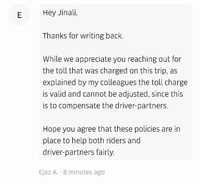 RumitMatalia's tweet photo. @Uber @Uber_Support @Uber_India Please check the below screenshot where your driver has charged toll charges for a ride from Ghatkopar to Mulund...and your great support staffs Amrutha and Ejaz are brilliant in explaining #frauduber #patheticcustomerservice https://t.co/DkecLqICbO