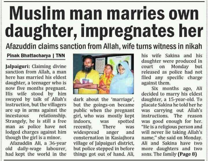 Muslim man in India marries his own 15-year-old daughter; claims divine sanction from Allah to rape the girl - Times of India timesofindia.indiatimes.com/india/Man-marr…