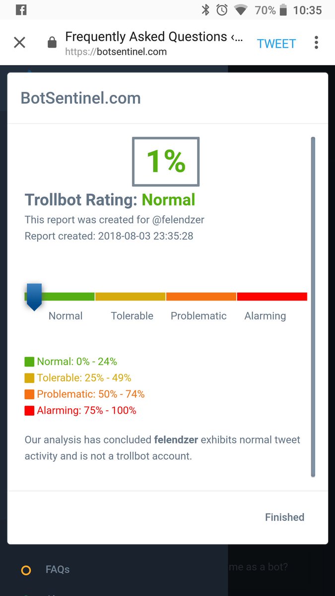 Apparently, a machine learning algorithm thinks I'm not a troll or a Twitter bot. Last time I checked that was correct :) botsentinel.com