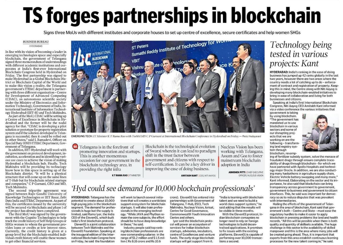 MinisterKTR's tweet image. In line with its vision of becoming a leader in emerging technologies space and blockchain, the govt of Telangana signed three MoUs with different academic institutions and corporates at @enblocibc. #IBCIndia2018 
telanganatoday.com/telangana-forg…