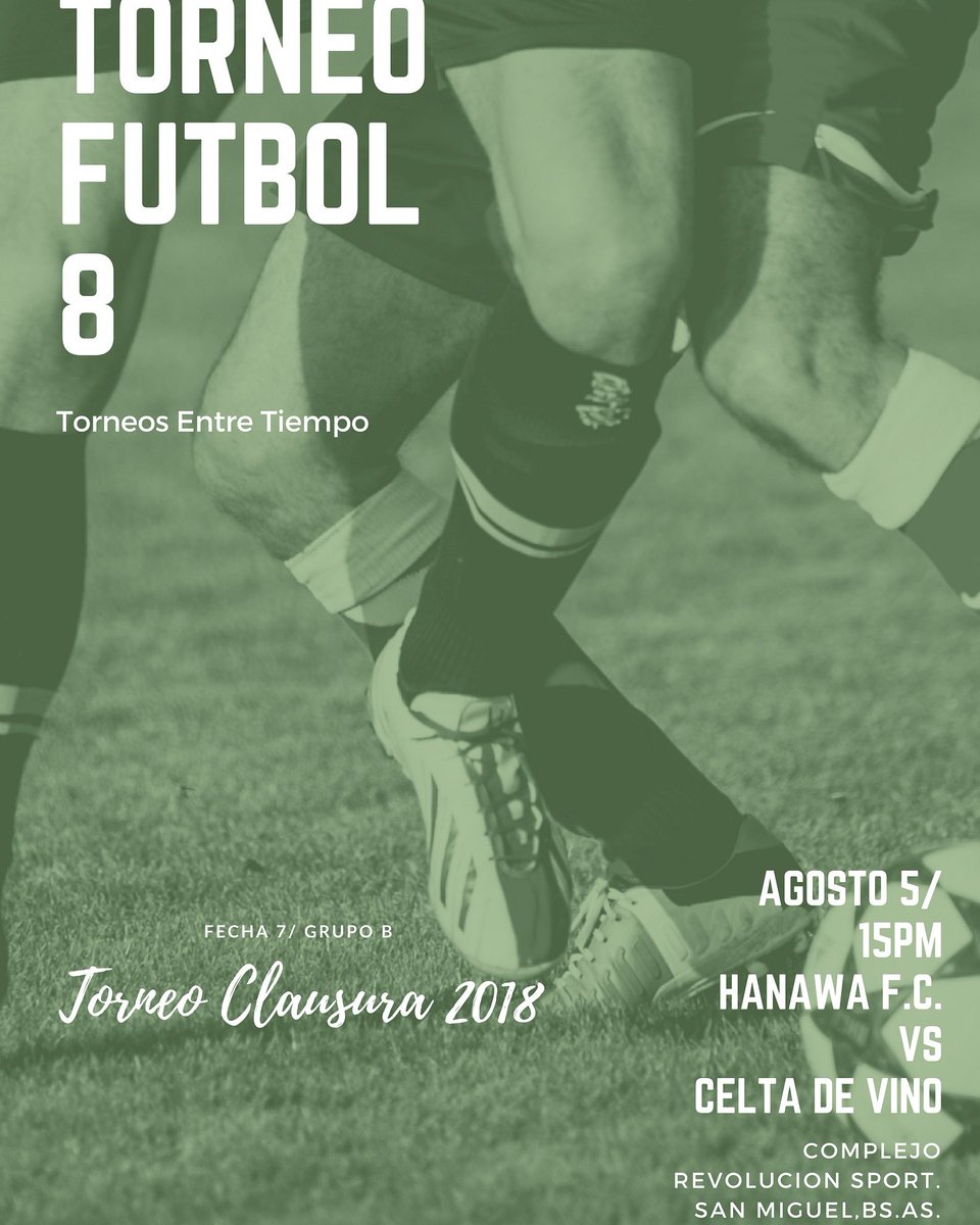 HanawaFC's tweet photo. UNA GRAN CHANCE 
Este domingo,el VERDE se juega todo frente a #CeltaDeVino.
De empatar o ganar, #Hanawa se asegura el pase a los #PlayOFF a dos fechas de los mismos.

Vamos por todo #VERDE !!
💚💛

🏟️ #ComplejoRevolucionSport
📆 #5Agosto2018
⏱️ #15Hs
⚠️ #Fecha7
#VamosVerde https://t.co/hOoQi79fJj