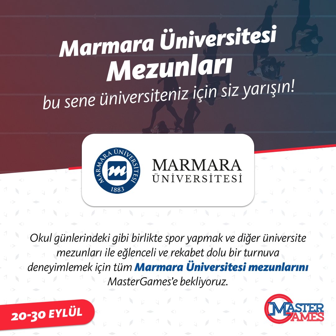 Okul günlerindeki gibi birlikte spor yapmak ve diğer üniversite mezunları ile eğlenceli ve rekabet dolu bir turnuva deneyimlemek için tüm Marmara Üniversitesi mezunlarını MasterGames'e bekliyoruz. 🏅🏆Başvuru için » ow.ly/TK3e30l8VGY