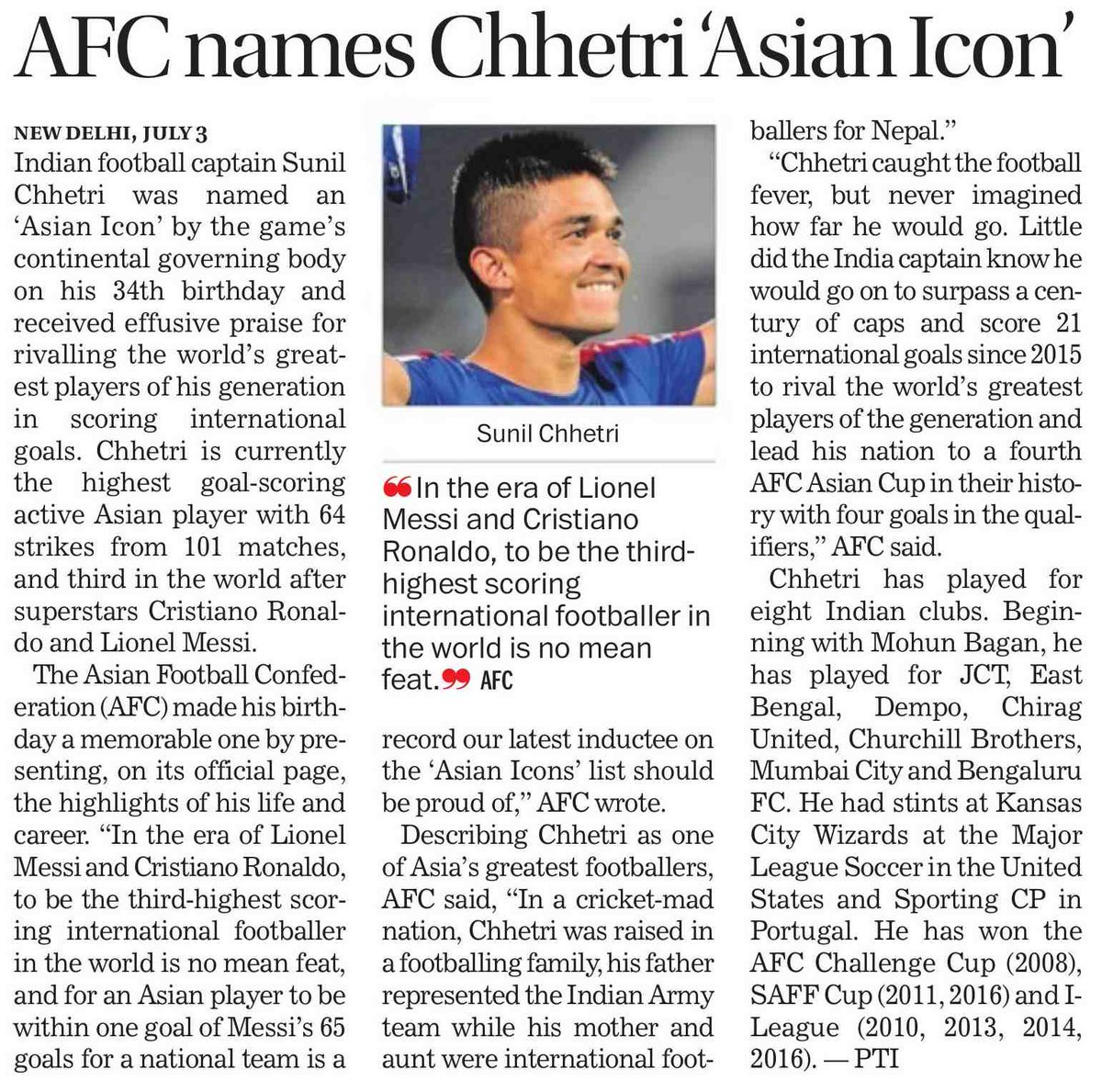 bengalurufc's tweet photo. "For an Asian player to be within one goal of Messi’s 65 goals for a national team is a record our latest inductee to the ‘Asian Icons’ list should be proud of!" More on Captain Fantastic's latest achievement via The Tribune #MediaWatch https://t.co/bNpduxbEFj