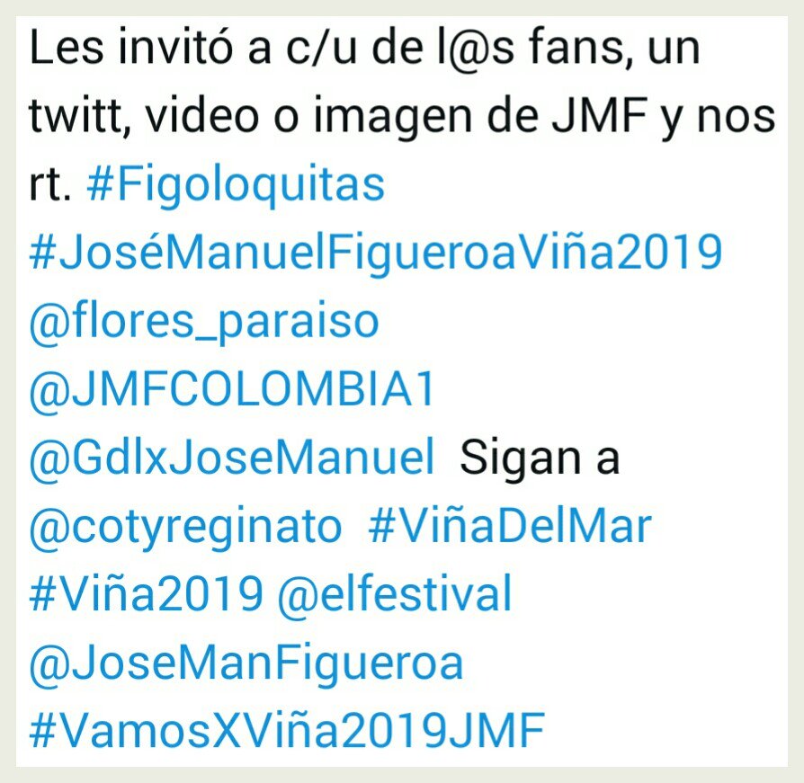 klapiroflo's tweet photo. @elfestival @JoseManFigueroa @cotyreginato @flores_paraiso @GdlxJoseManuel @JMFCOLOMBIA1 @FielesDeJMF @soniahe47106136 @letiromos1 @nancymendo @tefamind @sofia_guajardo @cecilia_Salinad @IJannelly PD: Vamos!!.#Vina2019 https://t.co/2pkJ4CTu0B