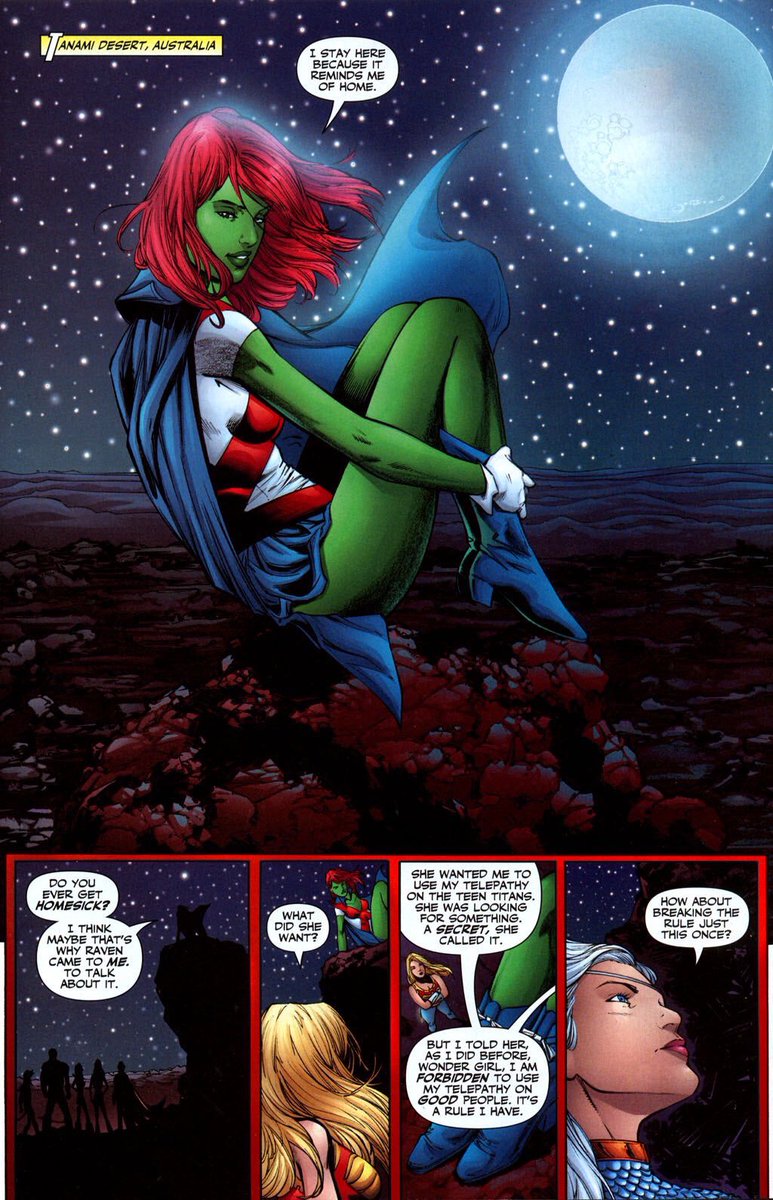 M’gann explaining to the Teen Titans she has rules to which she abides by of using her telepathy on scanning those she deem good but once the they leave she uses her mind to scan the minds of every former/current Titan to find out who the traitor was.