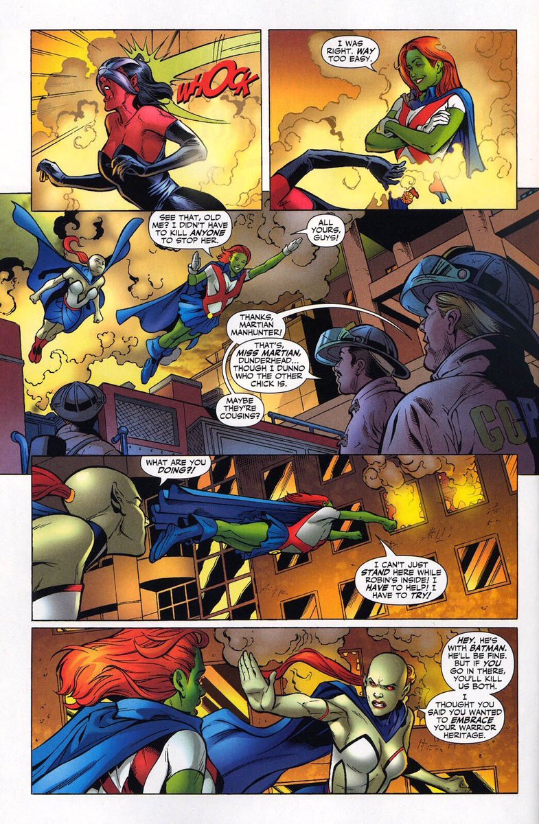 M’gann eventually returns as a Titan and meet a possible future version self of her that’s apart of the team called “Titans Tomorrow” they are not what they appear what they seem to be and their intentions and Miss Martian faves off against her future self