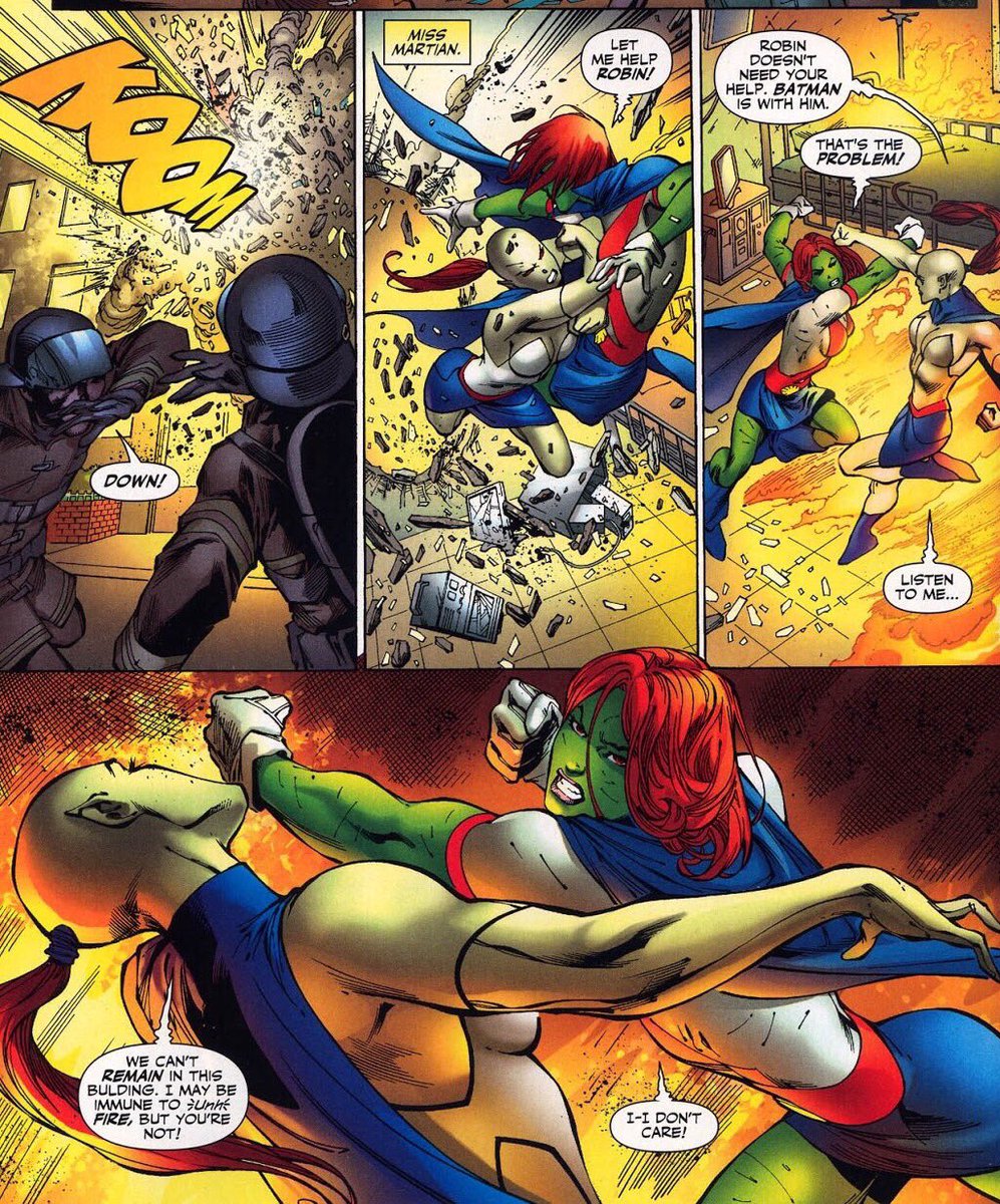 M’gann eventually returns as a Titan and meet a possible future version self of her that’s apart of the team called “Titans Tomorrow” they are not what they appear what they seem to be and their intentions and Miss Martian faves off against her future self