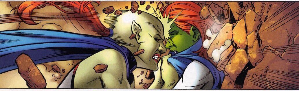 M’gann eventually returns as a Titan and meet a possible future version self of her that’s apart of the team called “Titans Tomorrow” they are not what they appear what they seem to be and their intentions and Miss Martian faves off against her future self