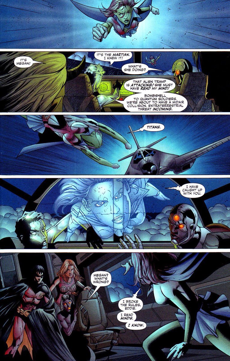 M’gann warning the titans about the traitor who is revealed to be Bombshell ( a )