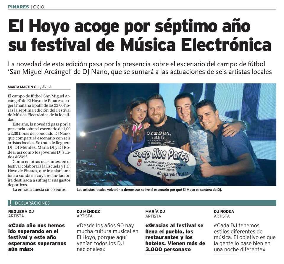 elhoyodepinares's tweet photo. #EnPrensa “El Hoyo acoge por séptimo año su festival festival de Música Electrónica”
#ElHoyoDePinares #Avila #CastillaYLeón #Music #Festival #DeepBlueParty2018 https://t.co/ib7P6mVaou