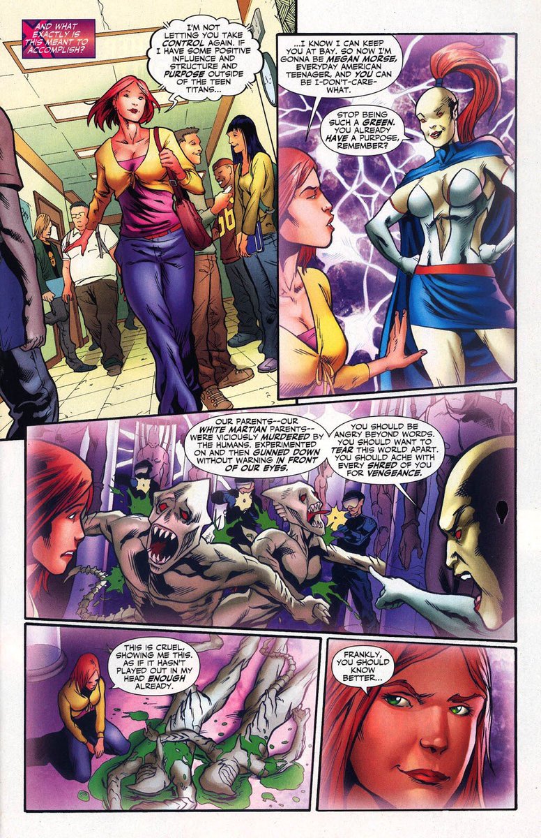 Megan attending her first day of school and still battling within her inner demons with her future self.