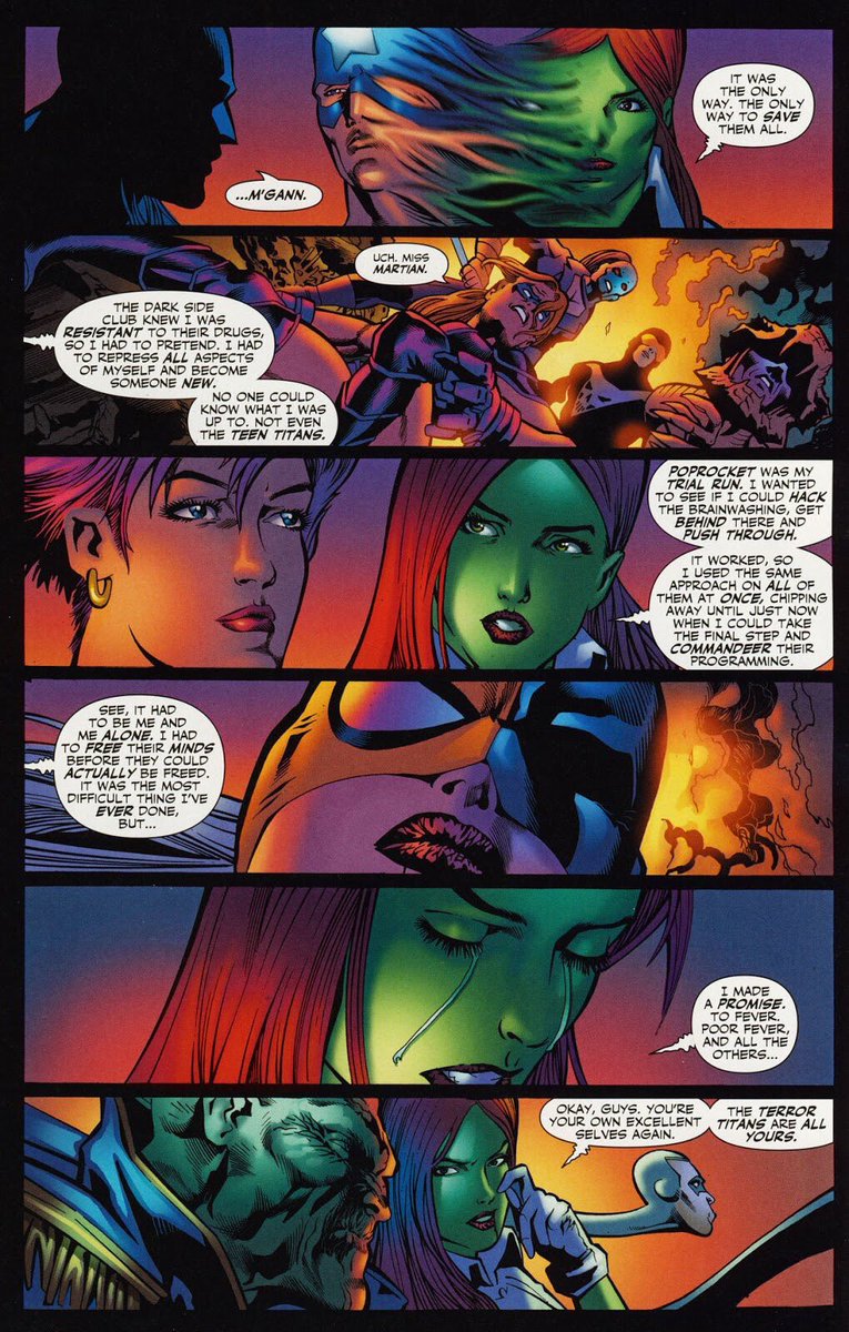 M’gann posing as “Star Spangled-Kid” and telepathically frees all the mind controlled meats and once again returns as a member of the Teen Titans!