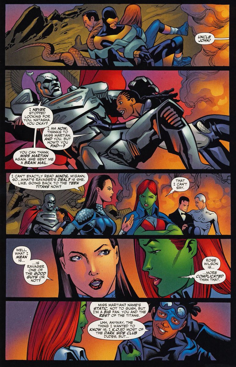 M’gann posing as “Star Spangled-Kid” and telepathically frees all the mind controlled meats and once again returns as a member of the Teen Titans!