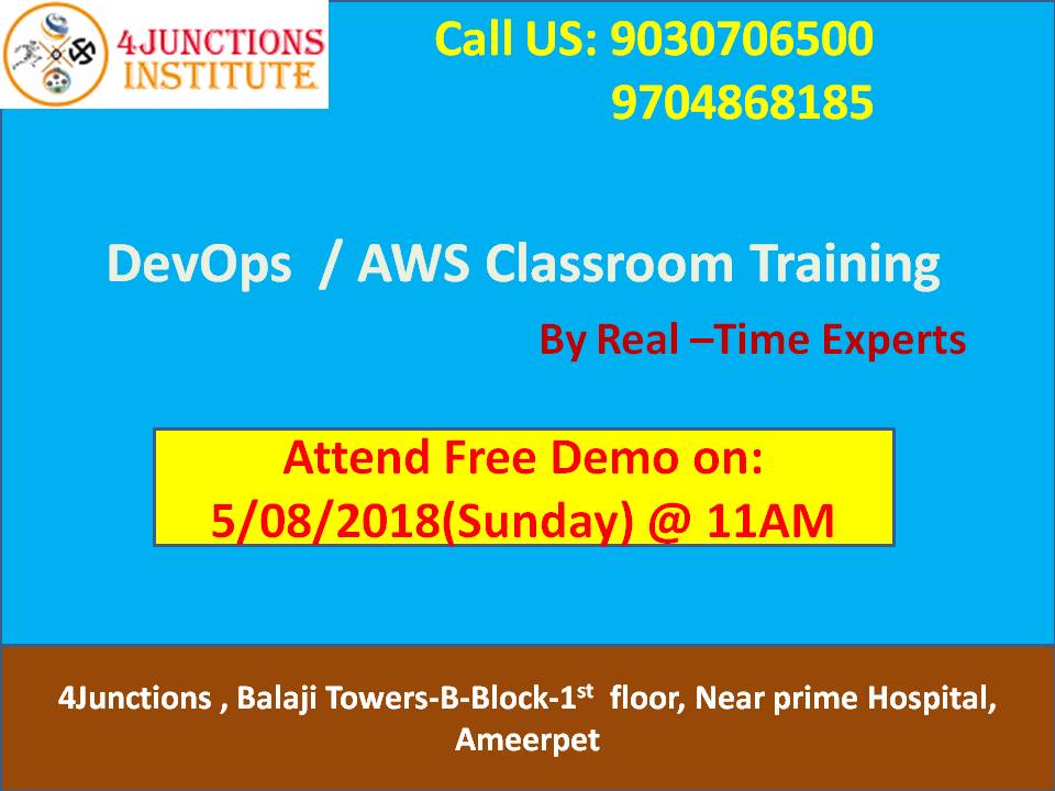 4junctions's tweet photo. #DevOps / AWS Offline #Training- #4Junctions.

We are #conducting #free DevOps #demo on: 5/8/2018 (Sunday) @ 11 AM.

Contact #for #more Details: 9704868185 https://t.co/LAidNzXysJ