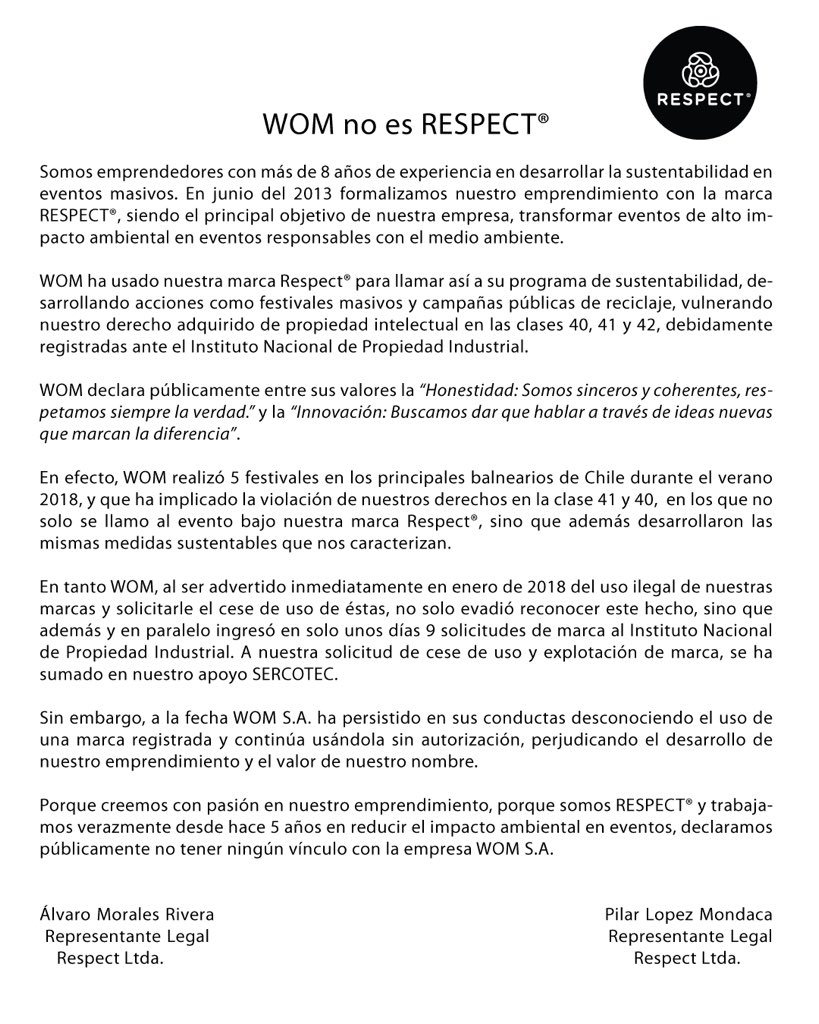 Respectcl's tweet photo. WOM usa nuestra marca registrada RESPECT® vulnerando nuestro derecho, generando confusión, perjudicando nuestro emprendimiento. Comparte y difunde!   @Respectcl @Sercotec_Chile @womchile @entel @movistar @clarochile_cl @cooperativa @Corfo @sonarfm @adnradiochile @LaRedTV https://t.co/ii1CMr1lVl