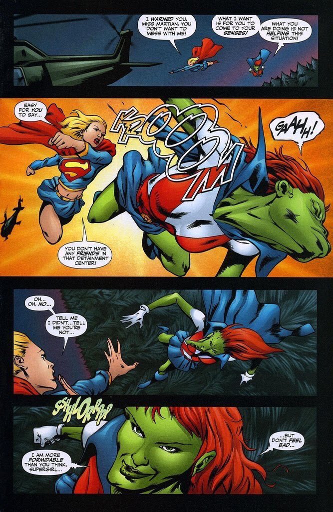 During the amazon attack event, Wondergirl goes berserk with Supergirl to back her up when her mom gets captured. Miss Martian shows Supergirl just how powerful she really is and is in her league entirely! 
