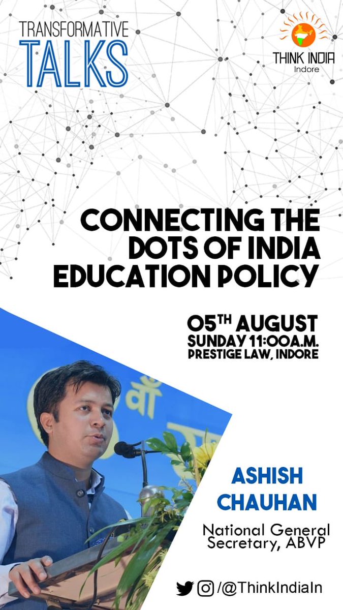 drpunitofficial's tweet photo. #TransformativeTalks #ThinkIndiaIndore
Chief Guest @AshishSainram (National General Secretary @ABVPVoice will speak on
“Connecting the dots of Indian Education Policy”.
Register: https://t.co/0usfwSCZGK
See you tomorrow at PIMR DoL, Indore.
@SunilAmbekarM @ChetasSukhadia https://t.co/azmdkbesYP