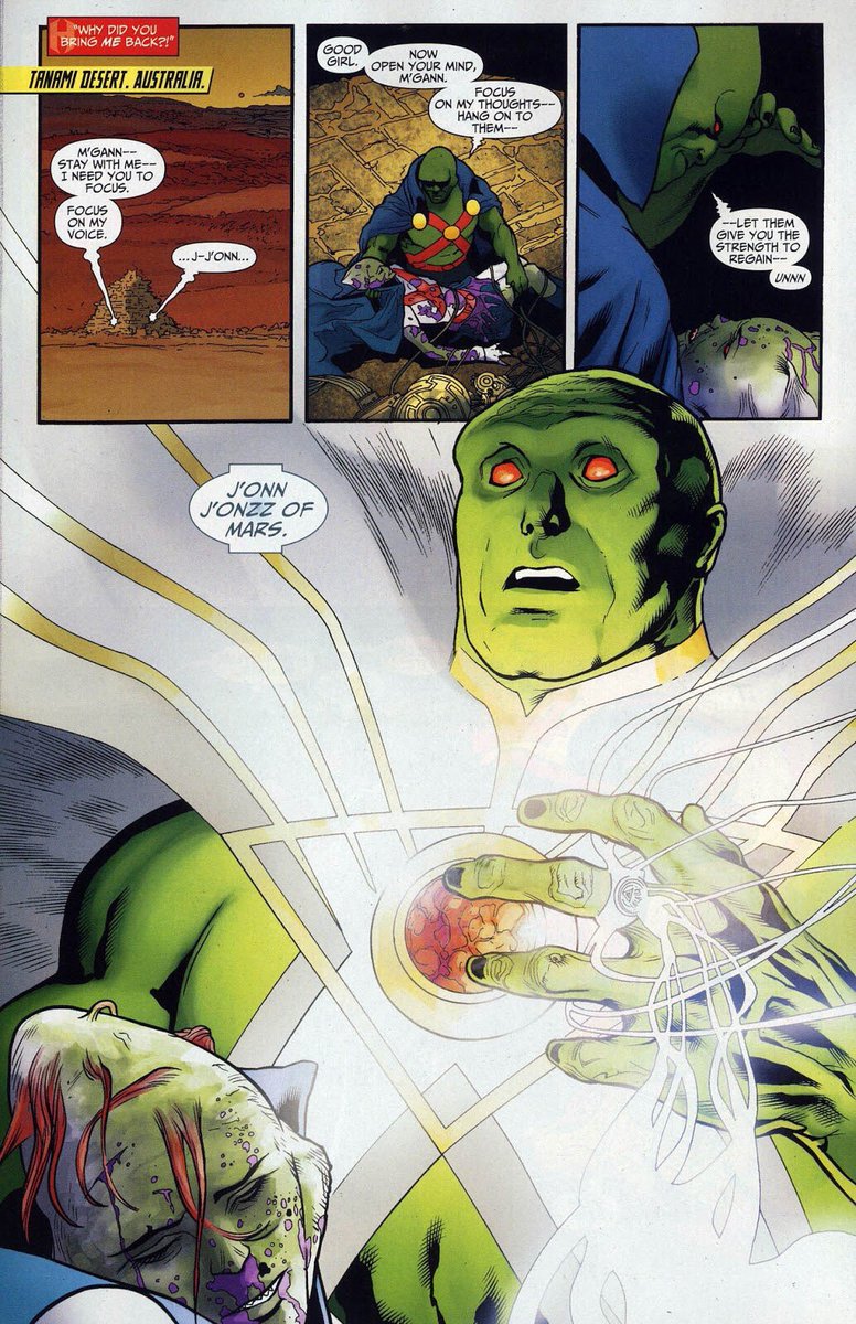 Miss Martian and Martian Manhunter didn’t meet each other until the Brightest Day arc (2010). Where he finds her beaten nearly to death ;(