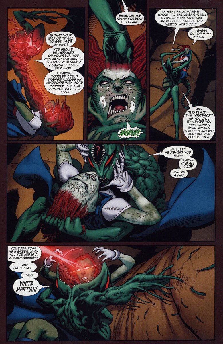 Miss Martian is discovered by a female deranged Green Martian named D’kayy D’razz who is set on restoring mars back to life and discovers M’gann facade (Miss M just wanted to be in peace!)