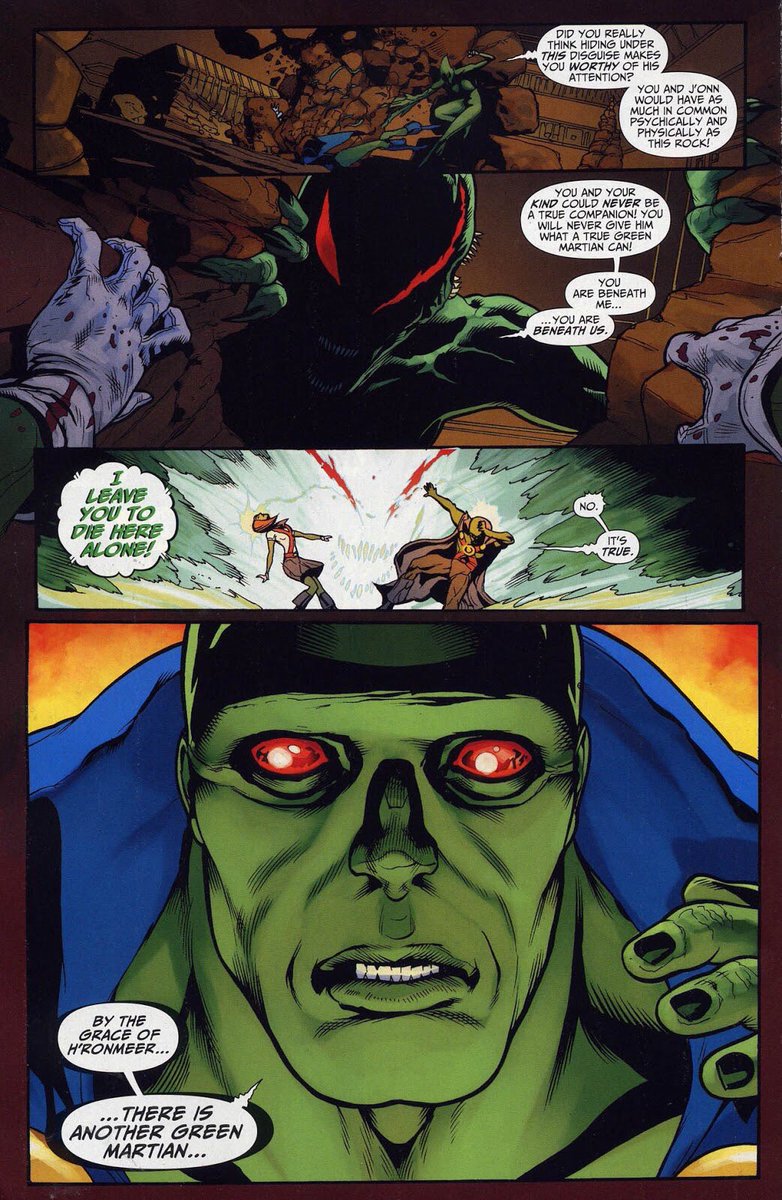 Miss Martian is discovered by a female deranged Green Martian named D’kayy D’razz who is set on restoring mars back to life and discovers M’gann facade (Miss M just wanted to be in peace!)