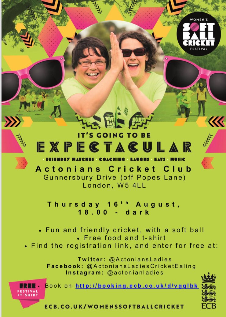 actoniansladies's tweet photo. The last of our 3 Softball Festivals, with @MiddlesexCB is on Thur 16th Aug, from 6pm till dark @ActoniansCC - and we want to make it a big one! It’s completely free - expect fun and friendly cricket, free food and a t-shirt. Sign up here: https://t.co/zWMrvrphqN https://t.co/pvj4CD9Uxg