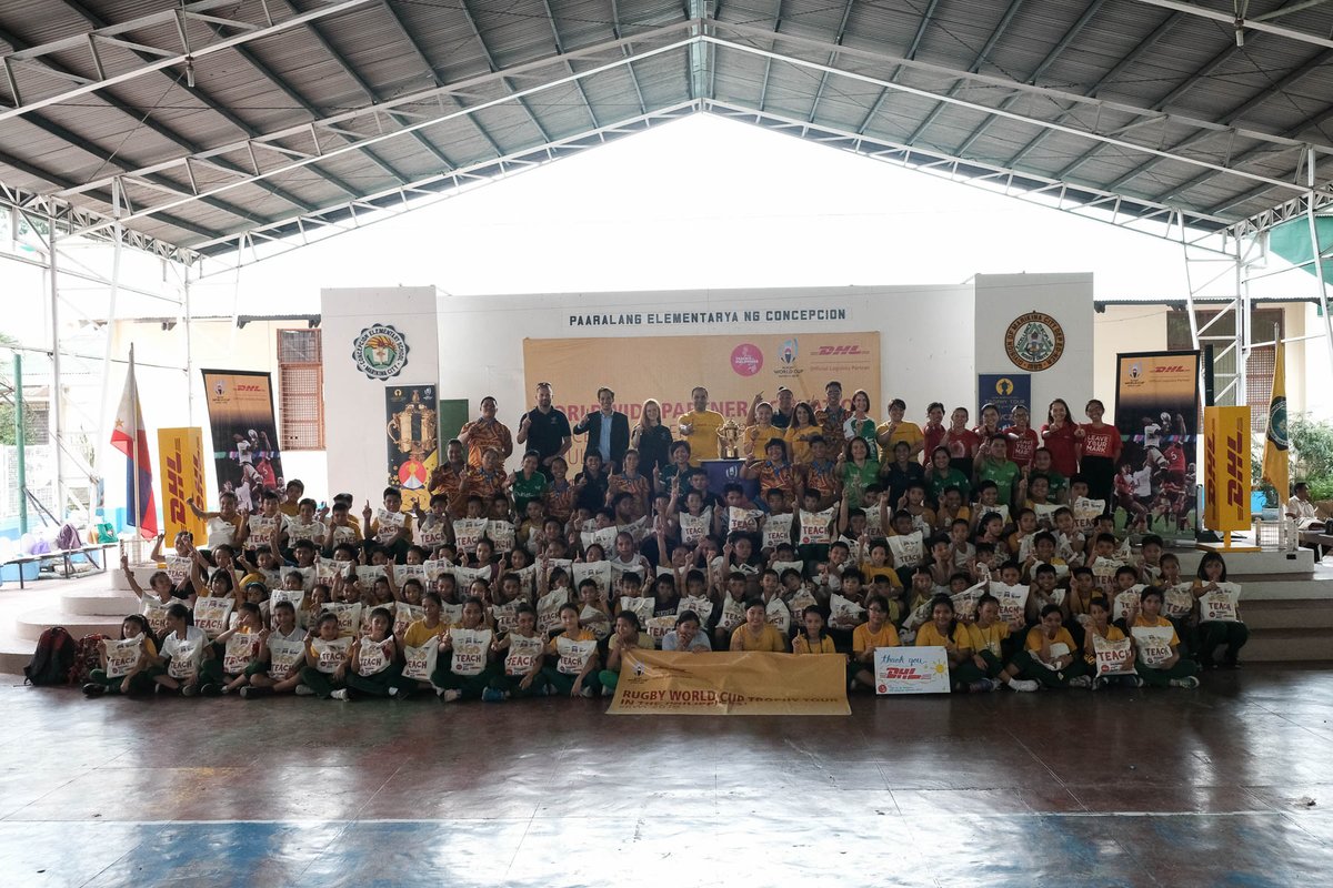 DHLRugby's tweet photo. 🏆 Philippines was the latest stop on @rugbyworldcup Trophy Tour
 
🚚 DHL hosted a rugby clinic, introducing 100 local children at Concepcion Elementary School in Marikina City to the game!
 
Thanks to @philippinerugby, @davaorugby and @ChildFundPIB for their support!

#RWC2019 https://t.co/28DgEwAH67