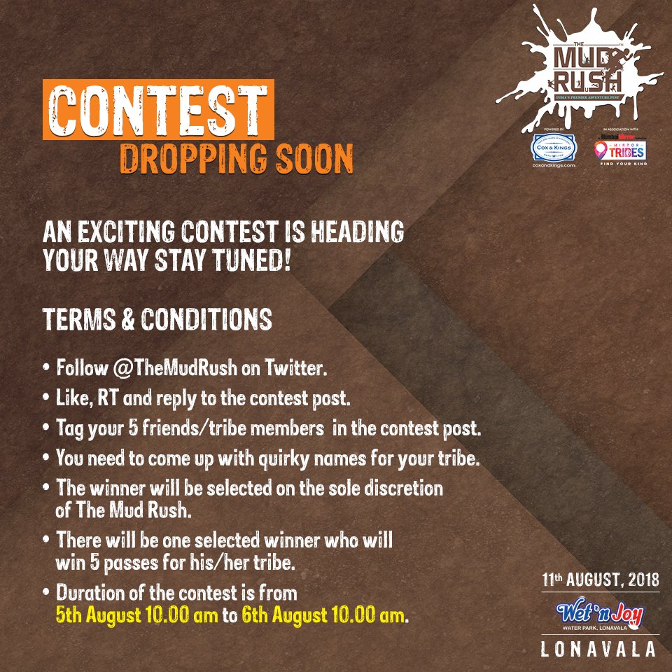 TheMudRush's tweet photo. Hey Mudrushers, get ready for an amazing Friendship Day contest. Stay tuned!
#adventurerunsinyou #adventure #runs #in #you #adventurer #fun #adrenaline #drills #rains #mud #mudrun #mudrush #sundownerparty #wetnjoy #lonavala
#themudrush #themudrush2018 https://t.co/bloPNsKQRH