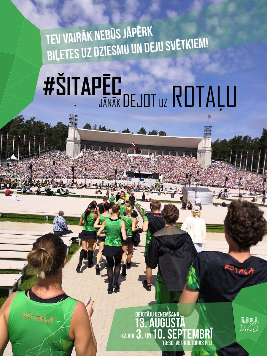 Vai vēlies izvairīties no garām rindām pēc dziesmu un deju svētku biļetēm?
Atnāc uz TDA "Rotaļa" jauno dejotāju uzņemšanu vienā no sekojošajiem datumiem: 13. augustā, 3. vai 10. septembrī VEF Kultūras pilī ap 19.30.
Līdzi paņem dejošanai piemērotu apģērbu un apavus.